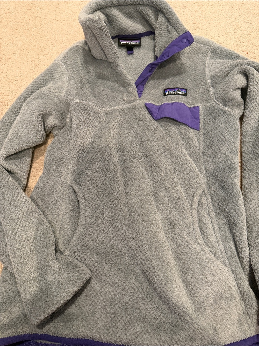 Patagonia Grey Fleece Pullover with Purple Trim Sz XS